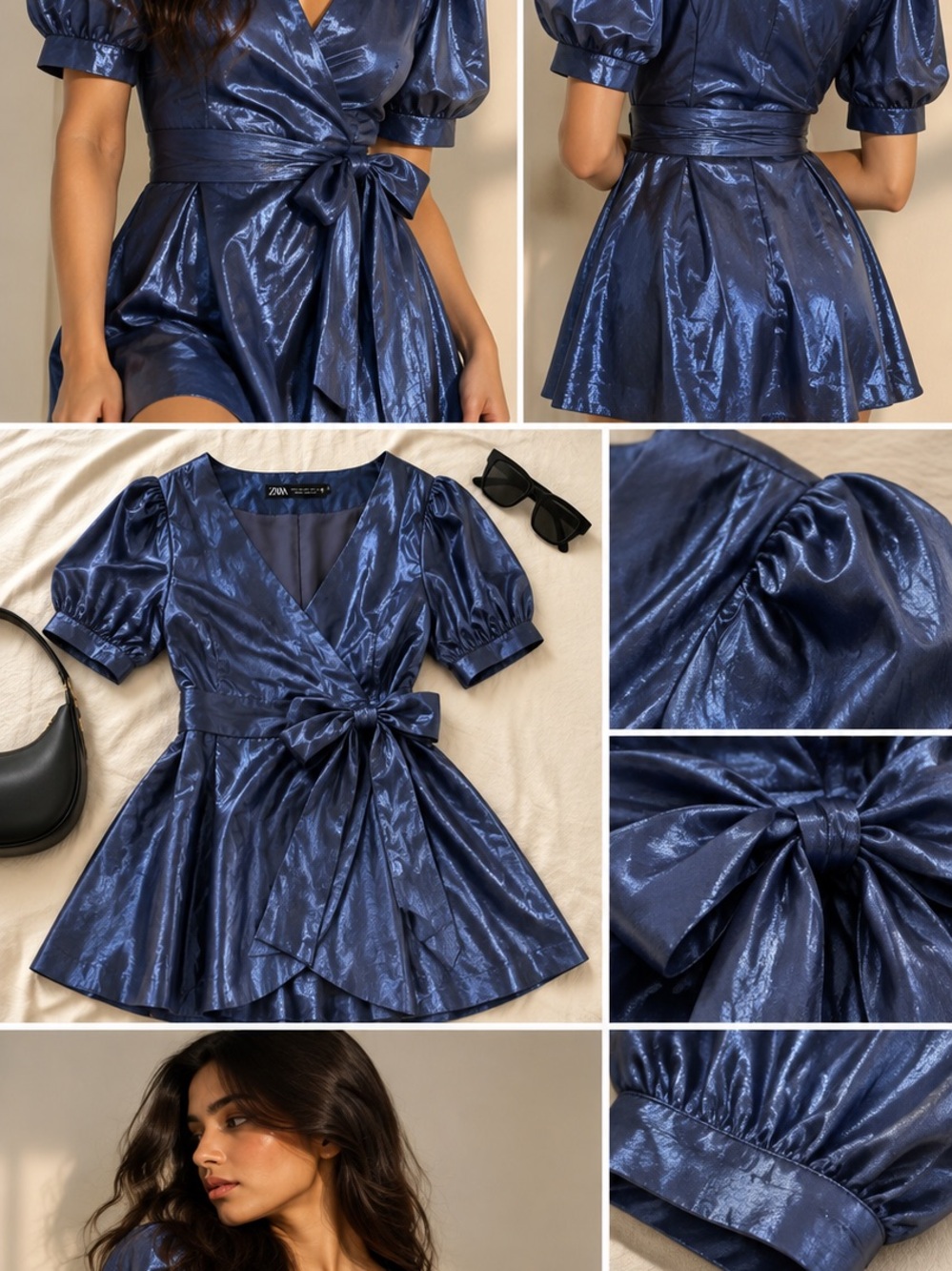 Zara Metallic Navy Wrap Mini Dress with Puff Sleeves